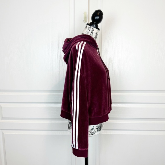 Adidas Originals Velour Cropped Hoodie Sweatshirt Burgundy Stripe Size Large - Picture 4 of 7